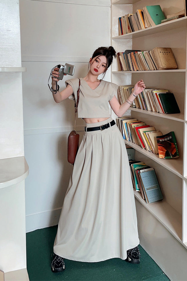 Crop Top & Pleated Skirt w/ Belt 2-piece Set - UK 10 - CLEARANCE SALE 30% OFF - SHIPS TO THE UK ONLY
