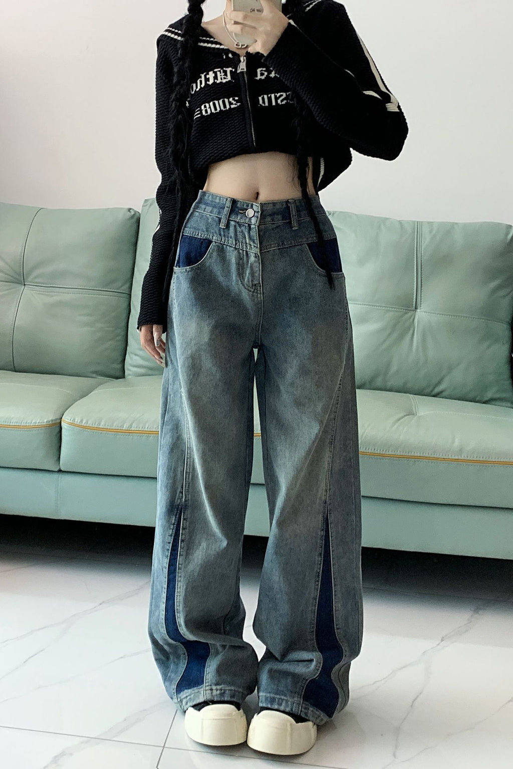 Contrast Color Washed Jeans