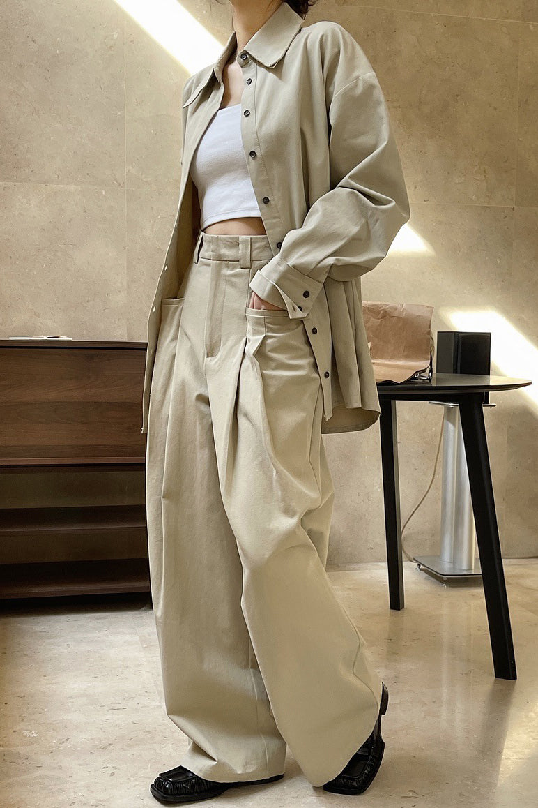 Front-pocket Double-pleated Pants & Raw-edge Oversized Shirt 2-piece Outfit