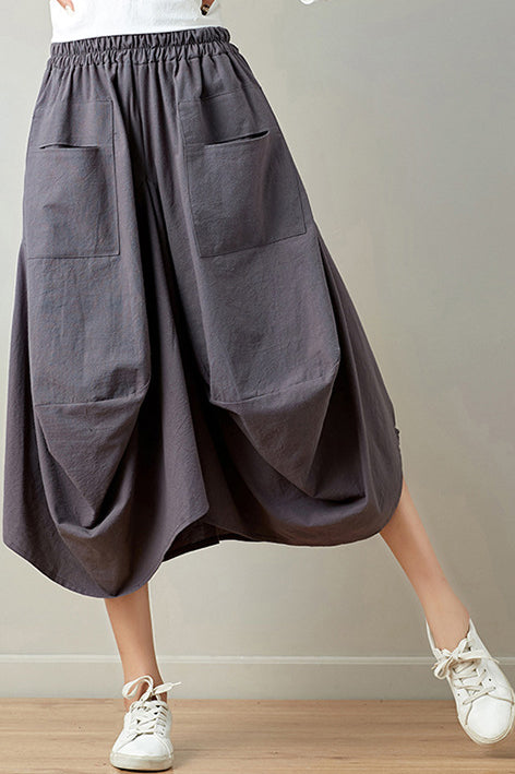 Cotton & Linen Drape-cut Skirt w/ Pockets