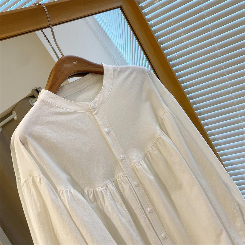 Cotton & Linen Puff-sleeve Pleated Blouse
