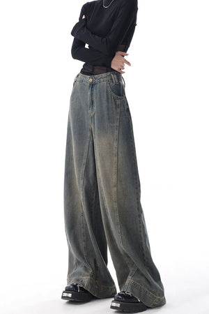 High-waist Wide-leg Vintage-wash Jeans