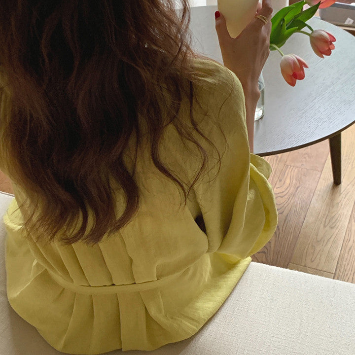 Cotton & Linen 3/4-puff-sleeve Midi Dress