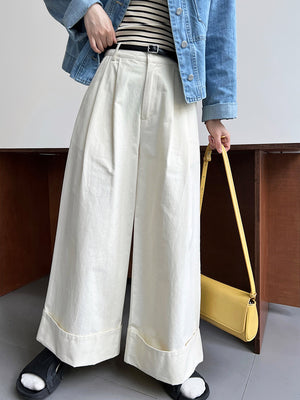 Wide-leg Rolled-up Washed-cotton Pants