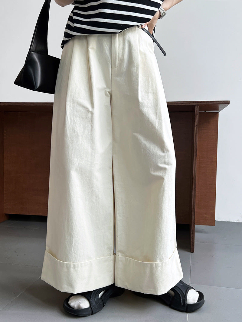 Wide-leg Rolled-up Washed-cotton Pants