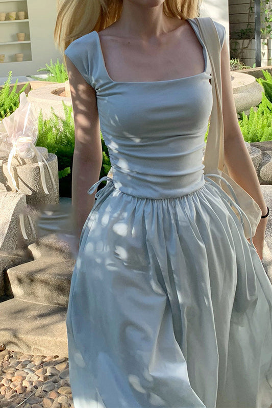 Square-collar Drawstring Dress