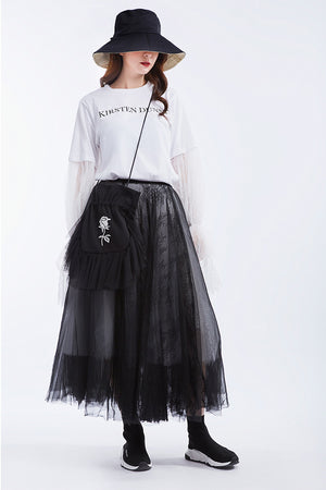 Lace-stitching Layered Mesh Skirt