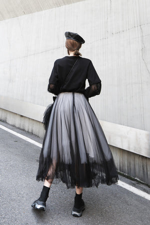 Lace-stitching Layered Mesh Skirt
