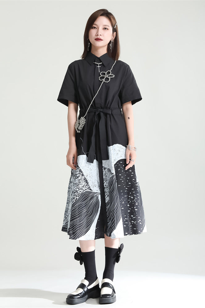 Yamamoto-style Printed Dress & One-shoulder Girdle 2-piece Set