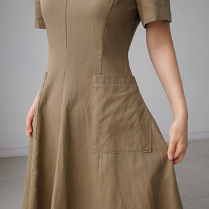 Casual V-neck Short-sleeved Dress w/ Pockets