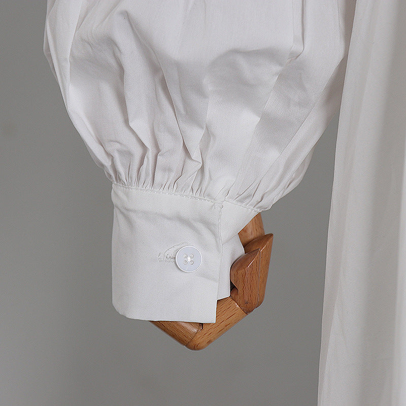 Puff-sleeve Oblique-Pleated Shirt Dress