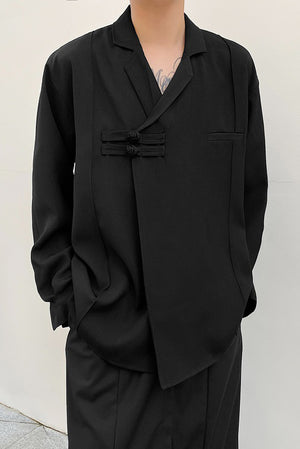 Slanted-placket Lapel Shirt with Japanese-style Buckle
