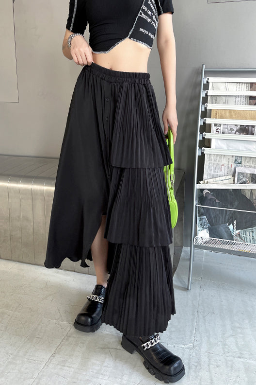 Asymmetric Spliced Pleated Skirt