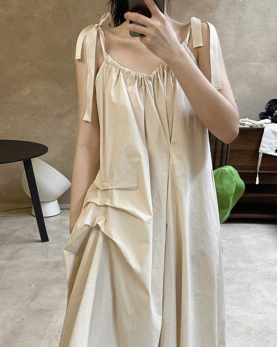 Asymmetric-pleat Raw-edge Strappy Dress